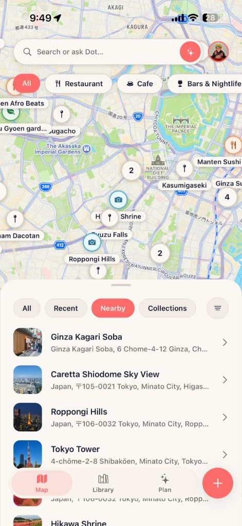 someday map screen showing saved places in Tokyo with nearby list
