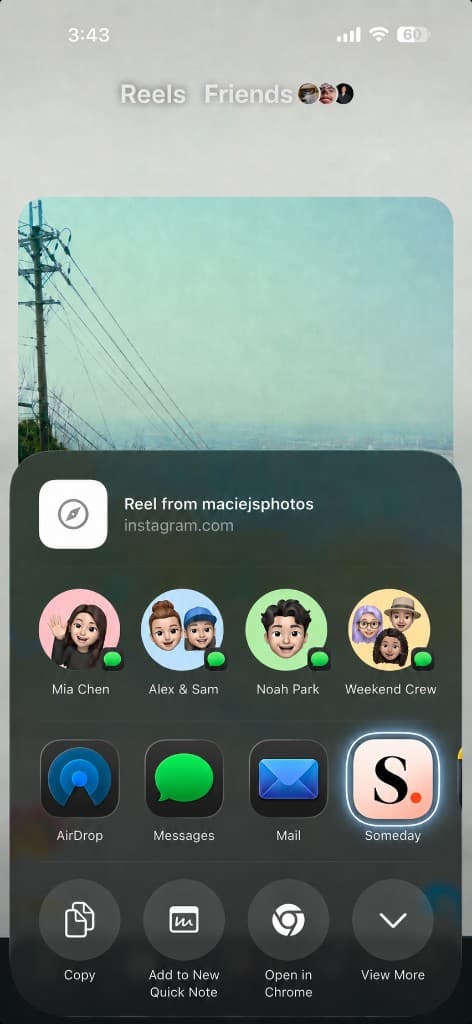 iOS share sheet with someday highlighted while sharing an Instagram reel